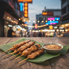 Bangkok street food stall with grilled skewers