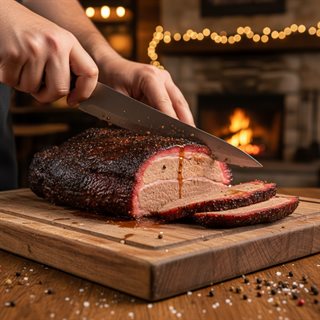 Brisket being sliced on a wooden board