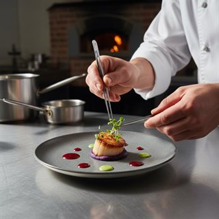 Chef plating a dish in a fine dining kitchen