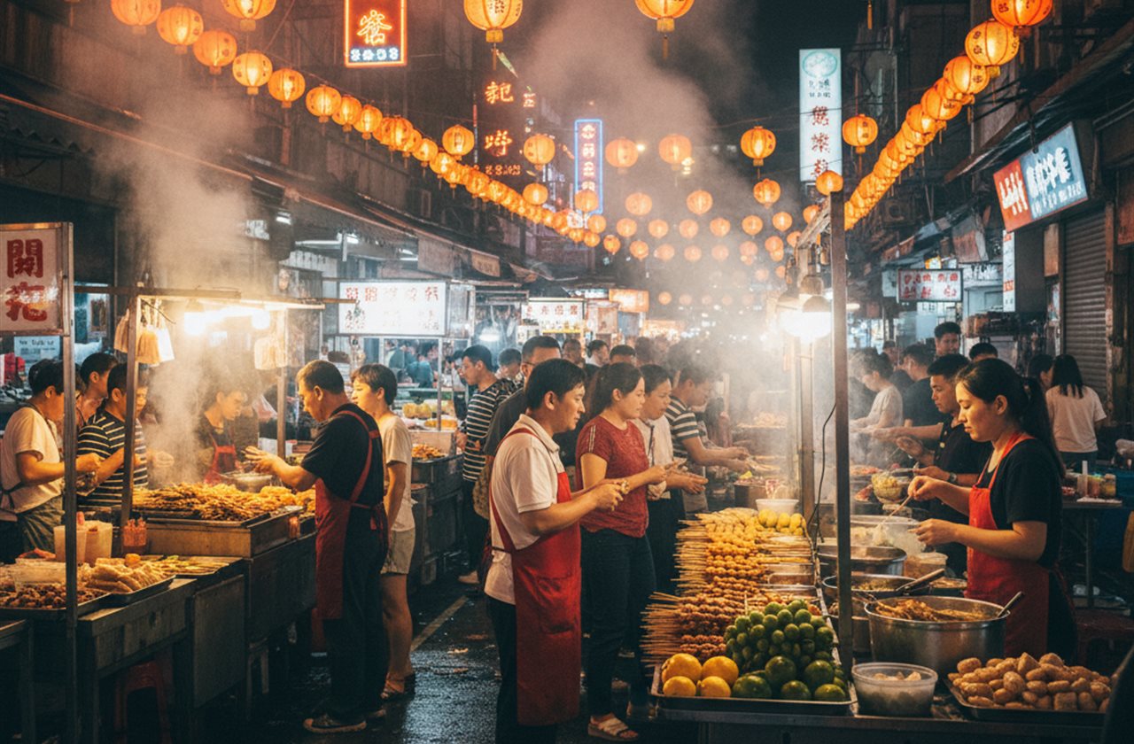 Street food market with neon signs